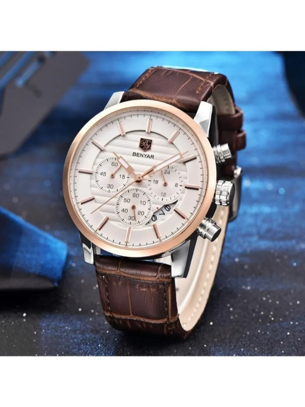 Mens Rose Gold And White Analog Leather Strap Chronograph Waterproof Wrist Watch